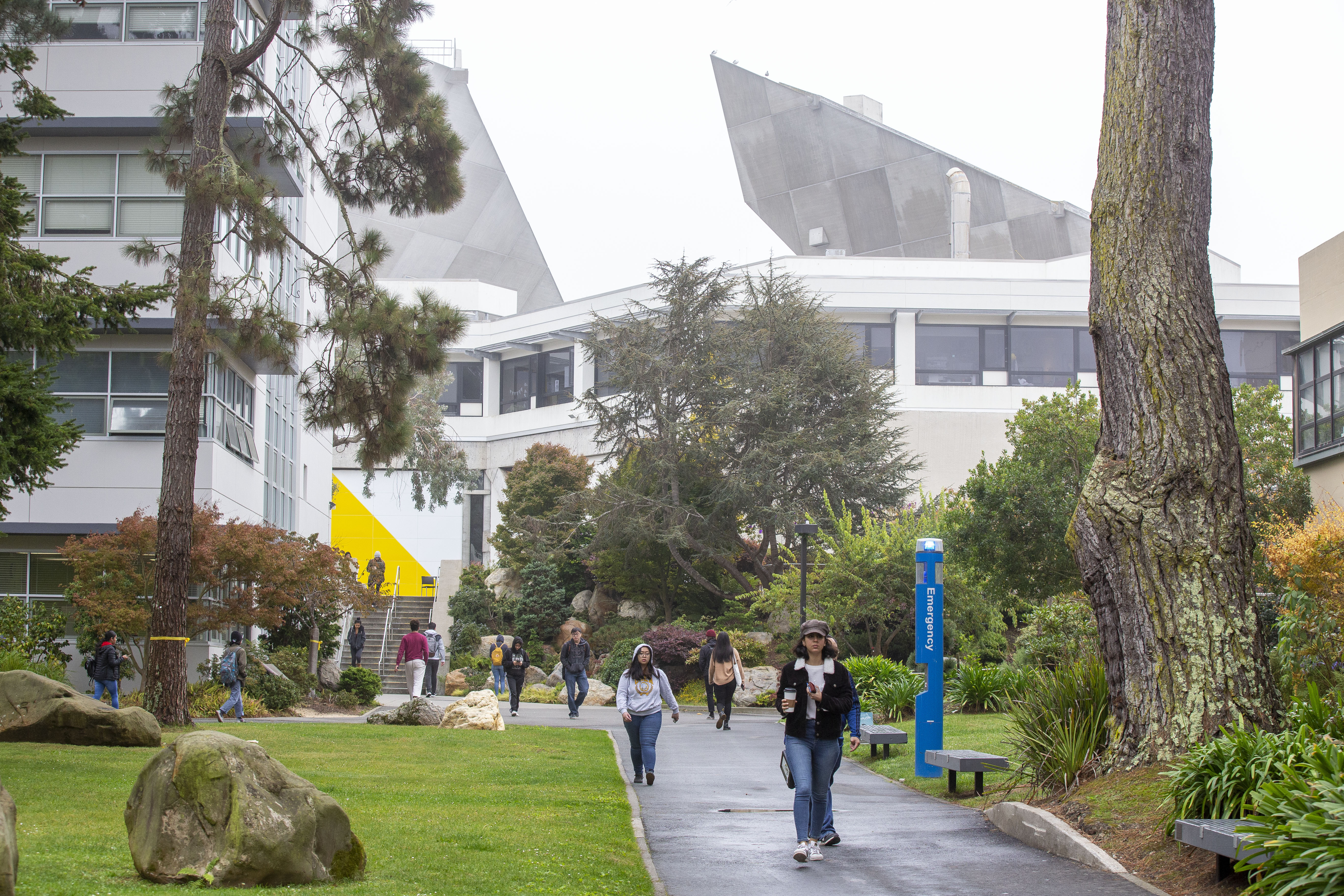 people walking on pathways on campus - some buildings behind them