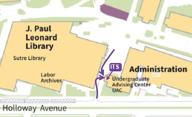 Map showing service desk in ADM 125 with an entrance underneath the Undergraduate Advising entrance