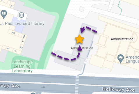 Map with arrows showing paths into ADM 110 from the Library side and from within the Administration building